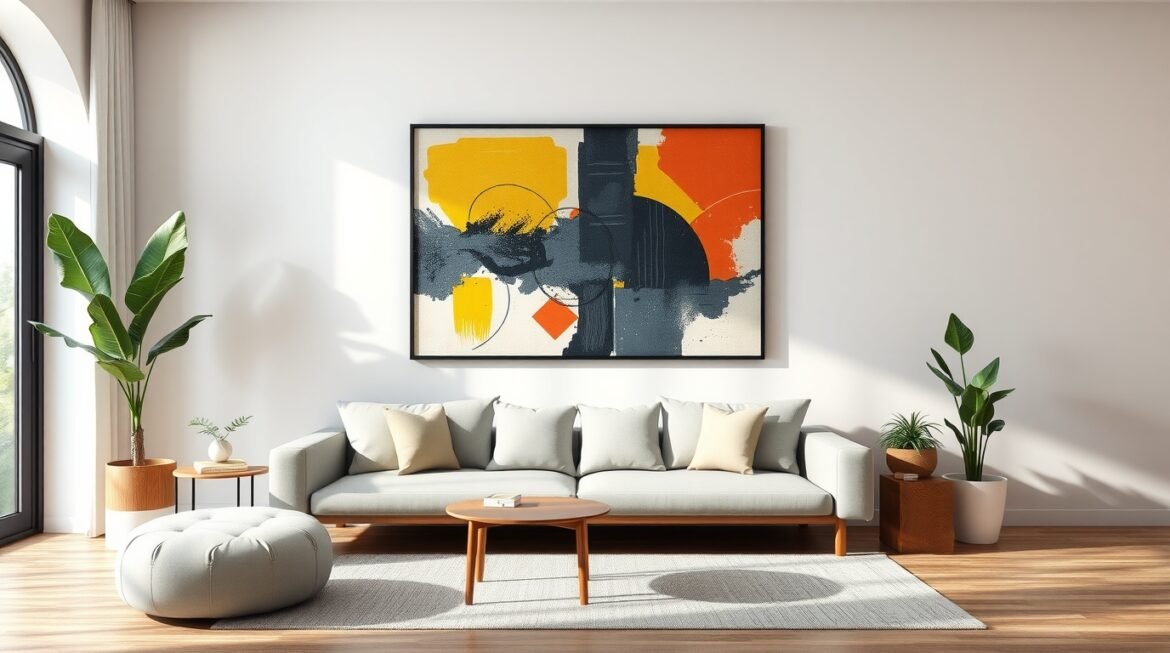 Abstract wall art in modern living room mockup above sofa